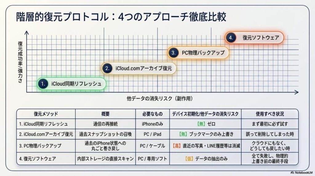 iCloud同期リフレッシュ、アーカイブ復元、PCバックアップ、復元ソフトの4手法について、復元力、必要なもの、他データ消失リスクをまとめた比較表。