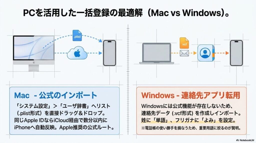 MacのiCloud同期とWindowsの連絡先アプリ転用テクニックの比較図