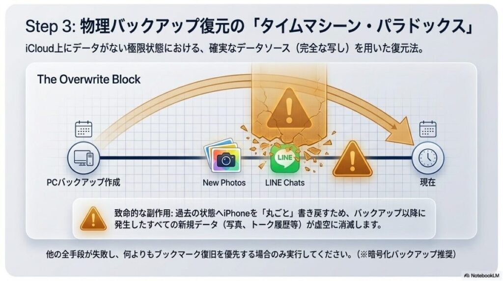 過去のバックアップから復元する際、それ以降に撮影した写真やLINEトークが消滅(上書き)されるリスクを警告するタイムライン図。