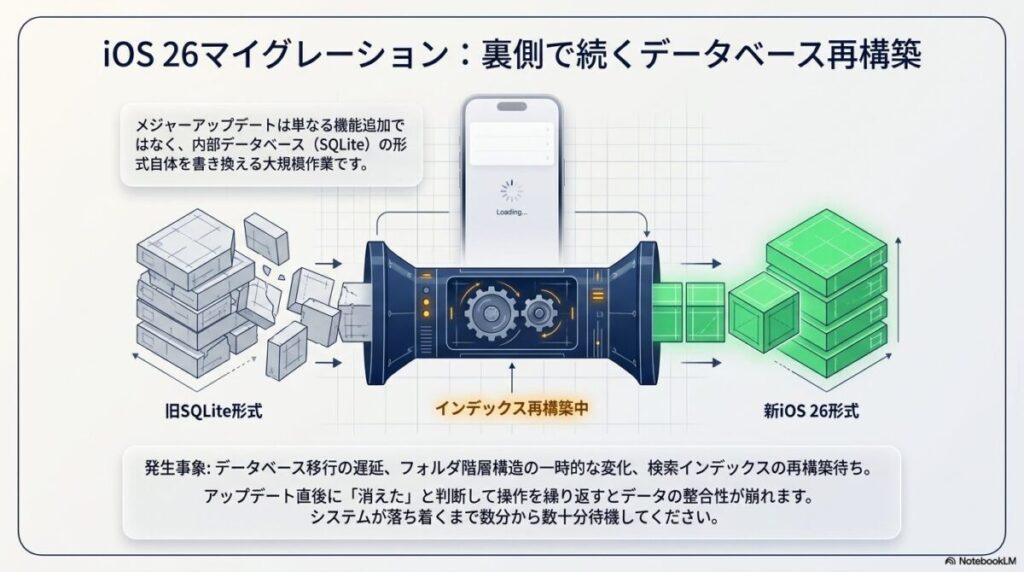 旧SQLite形式から新iOS 26形式へデータが移行され、インデックスが再構築される様子を、工場のラインのように表現したイラスト。