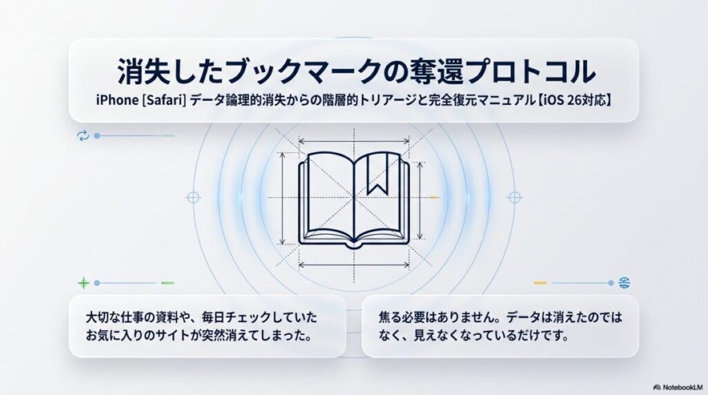 「消失したブックマークの奪還プロトコル」というタイトルと、iOS 26対応の復元マニュアルであることを示す表紙スライド画像。