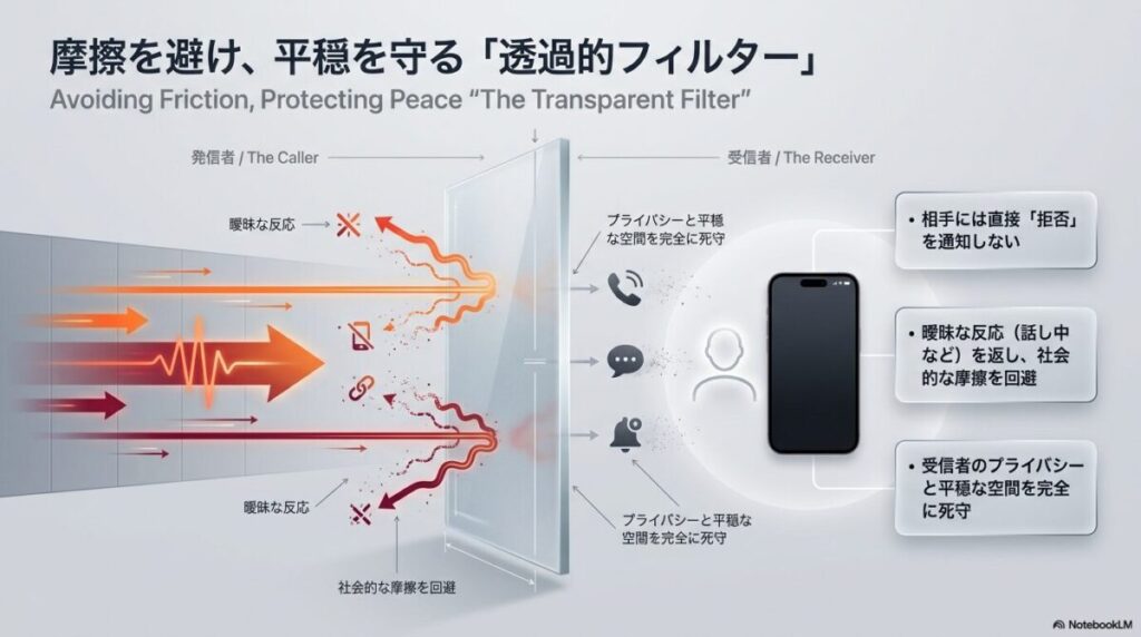 受信者のプライバシーを守りつつ、相手には直接「拒否」を通知せず社会的な摩擦を回避する「透過的フィルター」の概念図。
