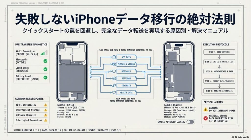 Wi-Fi接続、Bluetooth、クラウド同期、バッテリー残量など、データ移行を開始する前に確認すべき基本要件をまとめた診断スライド。