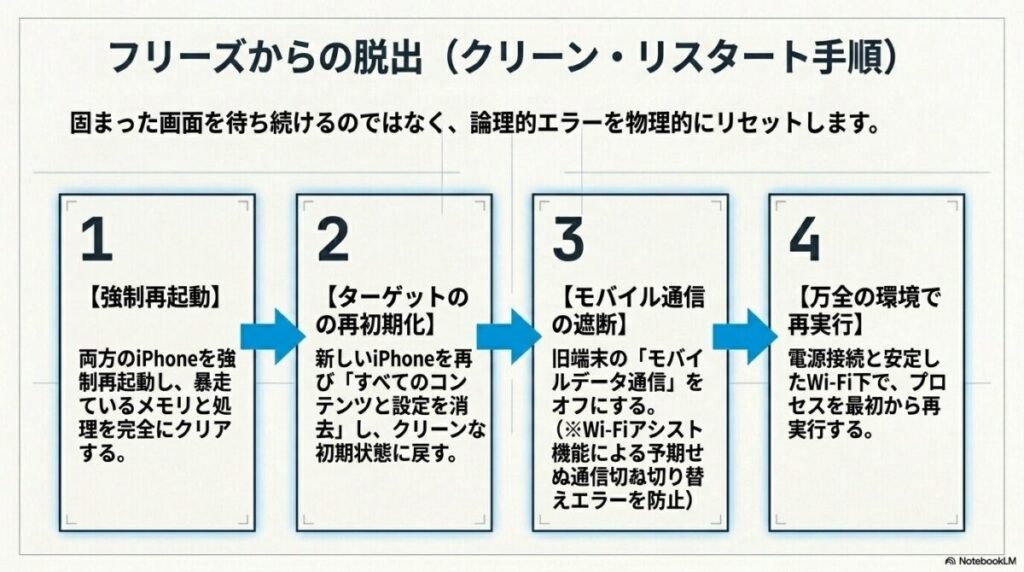 強制再起動、新端末の再初期化、モバイル通信の遮断、万全の環境での再実行という4つのリカバリー手順を示すフローチャート。