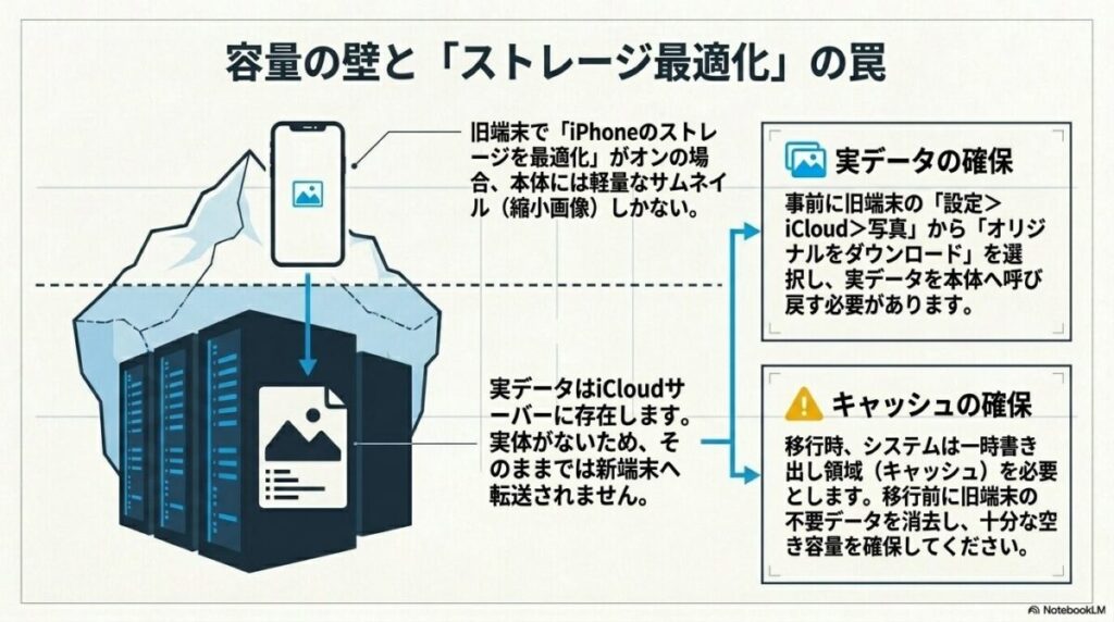  iCloudの「ストレージ最適化」により本体に実データがない場合の対策と、移行に必要なキャッシュ領域（空き容量）の確保について解説したスライド。