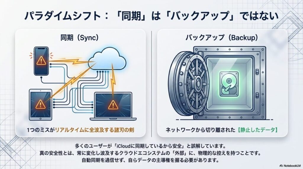 リアルタイムで反映される同期のリスクと、ネットワークから切り離された静止データとしてのバックアップの安全性を比較した図。