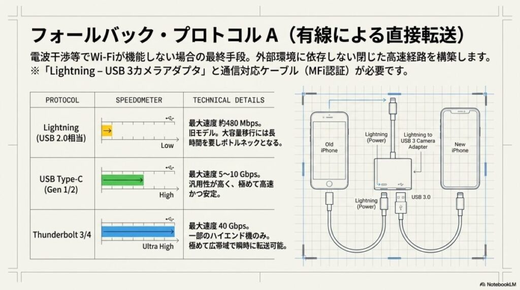 カメラアダプタを使用したiPhone同士の有線接続図と、Lightning・USB-C・Thunderboltの規格別転送速度を比較したリスト。
