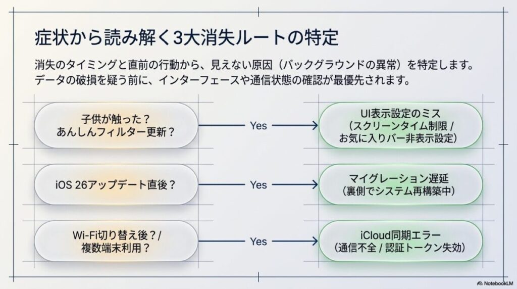 表示設定のミス、iOSアップデート後の移行不全、iCloud同期エラーの3つの主な原因をアイコンで示したスライド。